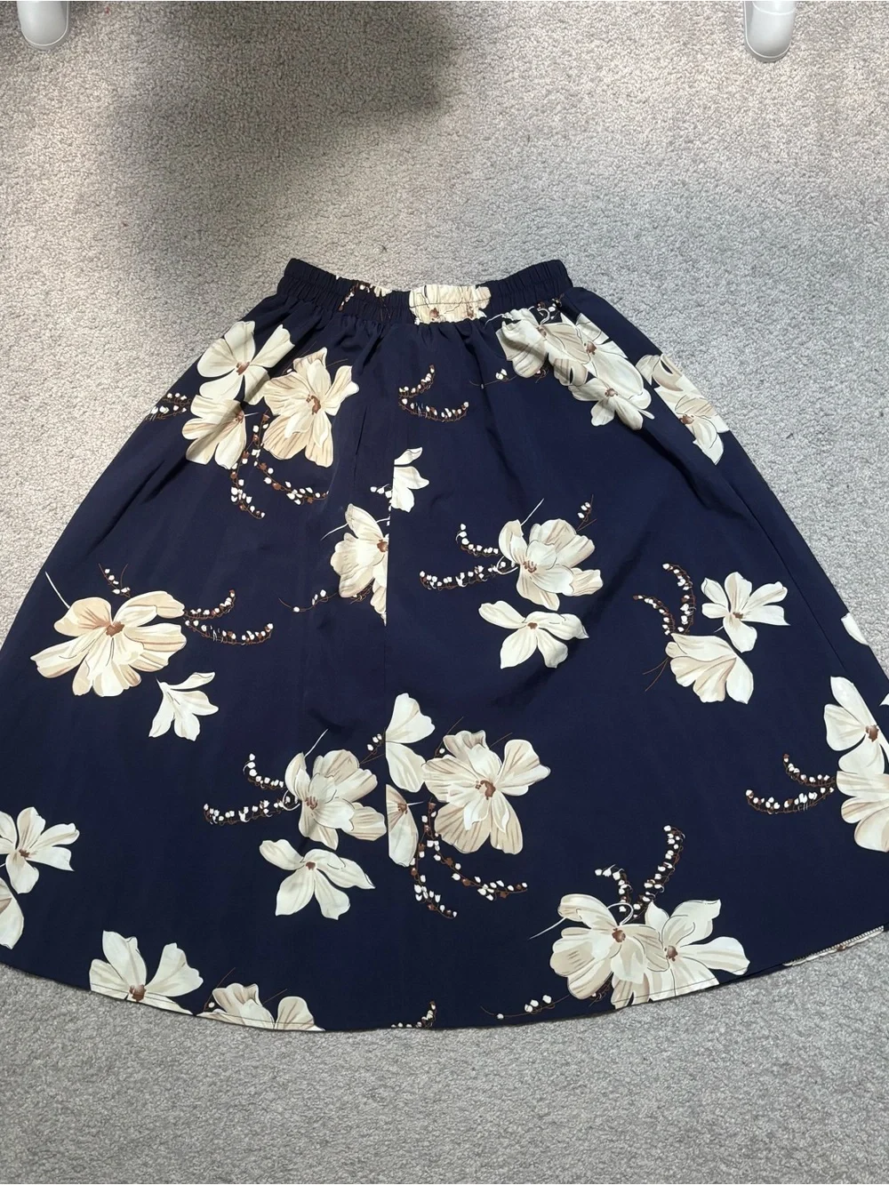 SHEIN Navy and Cream Floral Midi Skirt with Button Accents